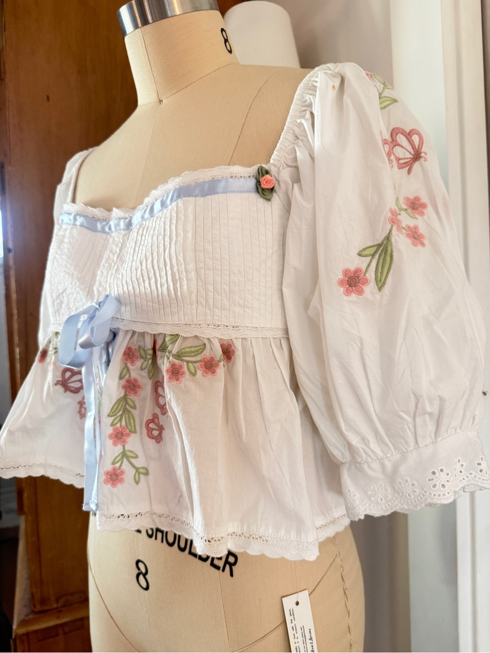 For Love And Lemons Carrington  Embroidered Puff-Sleeve Top // NWT - Picture 6 of 13